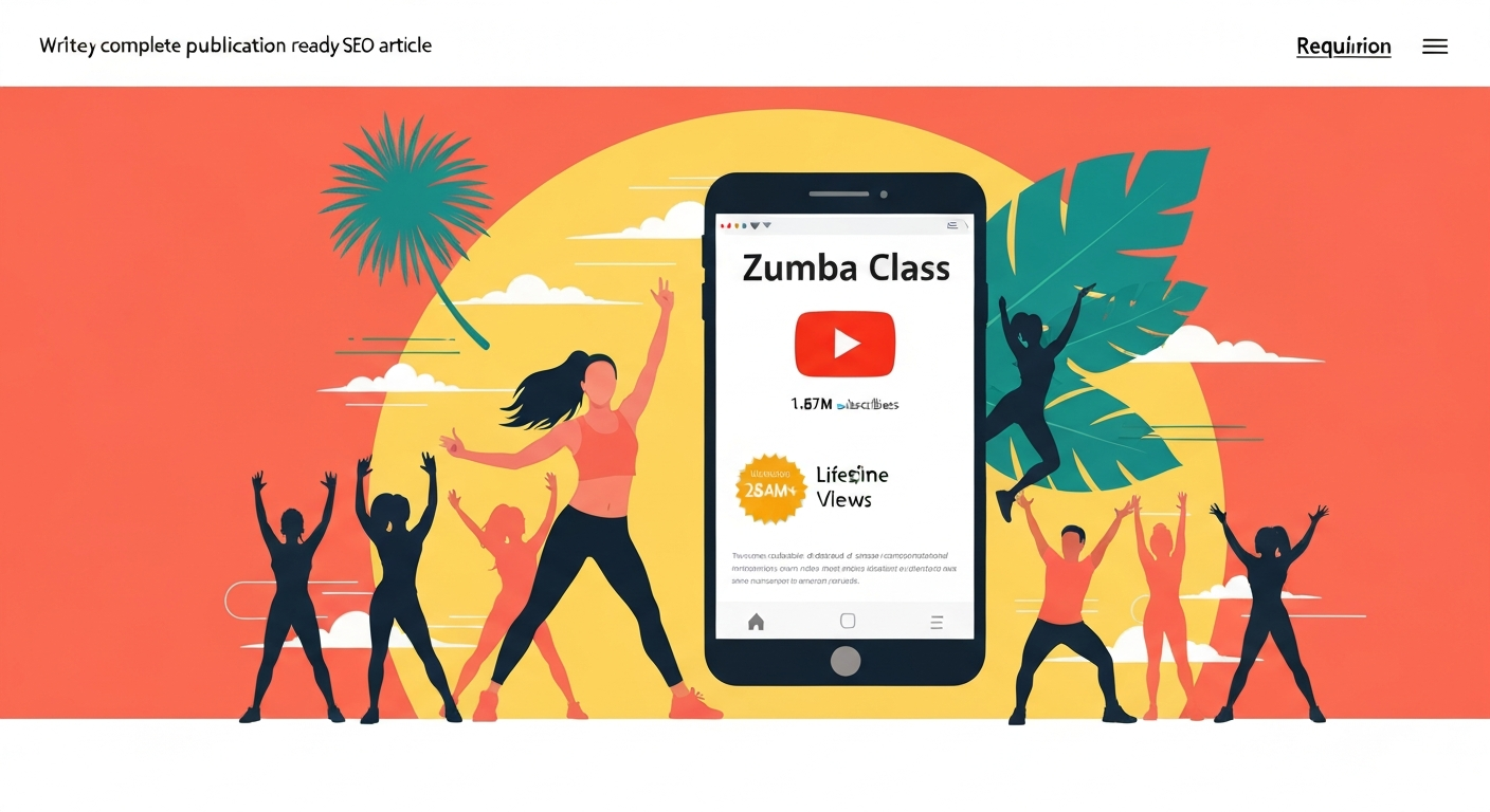 Illustration of a Zumba fitness YouTuber leading a lively class with a smartphone showing a YouTube channel page, 1.87M subscribers and 284M+ views.