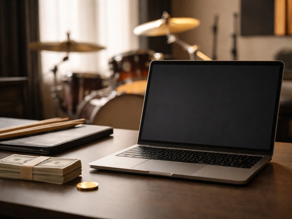 Anonymous music studio workspace with drumsticks and a laptop, symbolizing a drummer’s career and earnings analysis.