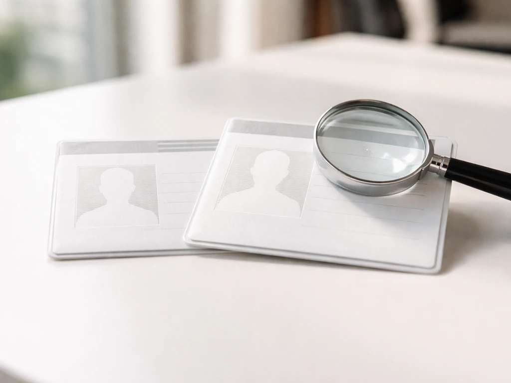 Two blank ID-style cards and a magnifying glass on a desk, suggesting identity verification.