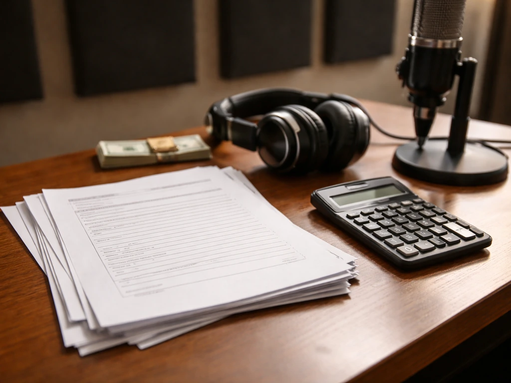 Close-up of musician union scale documentation in a studio desk workflow with a calculator and headphones.