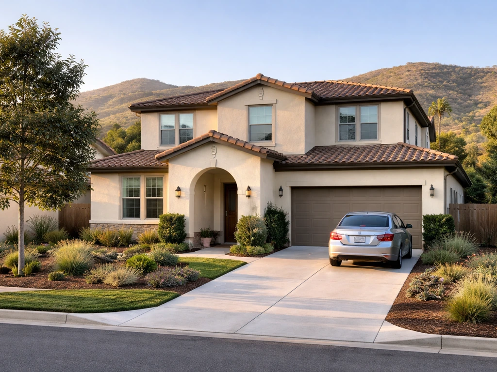 Minimal view of a Thousand Oaks suburban home exterior with landscaped front yard and driveway.