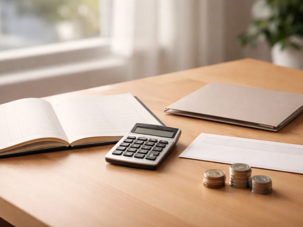 Minimal photo of a calculator beside a ledger and folder, symbolizing assets minus liabilities