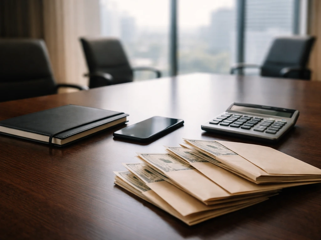 Minimal photo of an executive desk with laptop, calculator, and cash envelopes symbolizing income streams