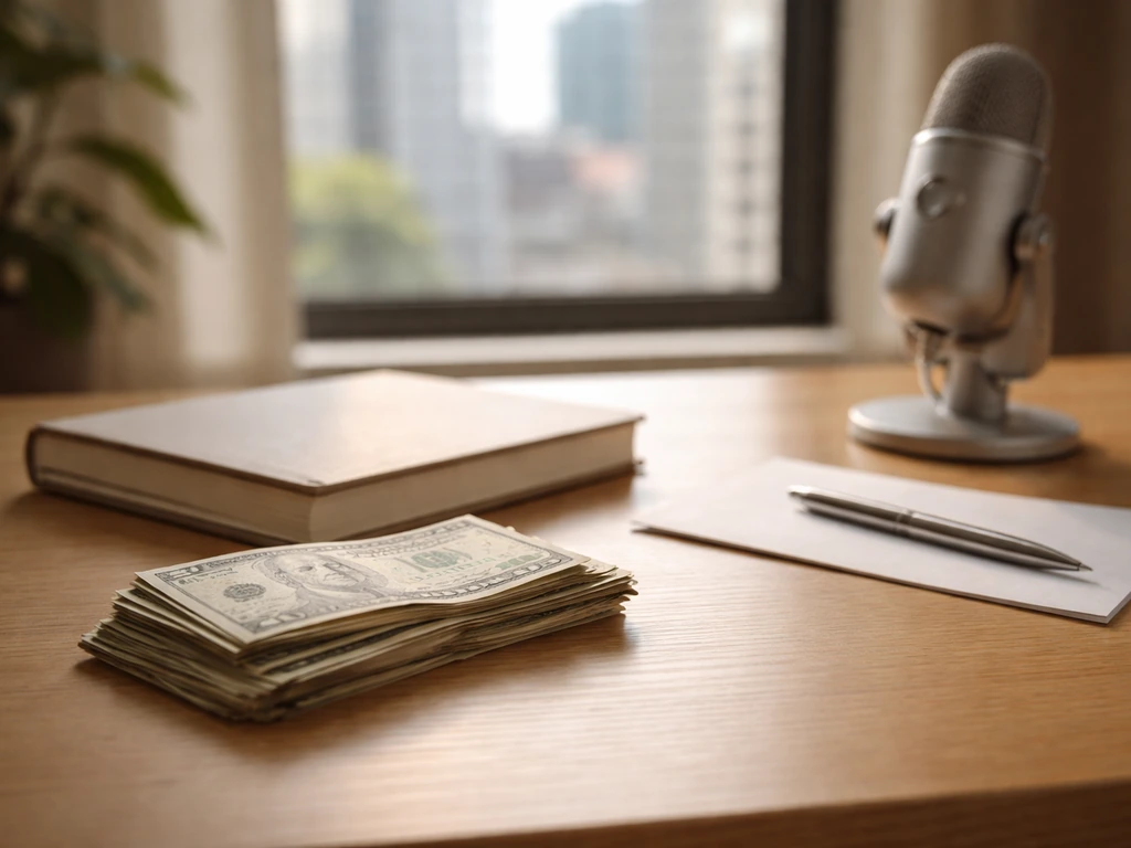 Minimal office scene with a small stack of cash and a neutral notebook, suggesting an estimated net worth range.