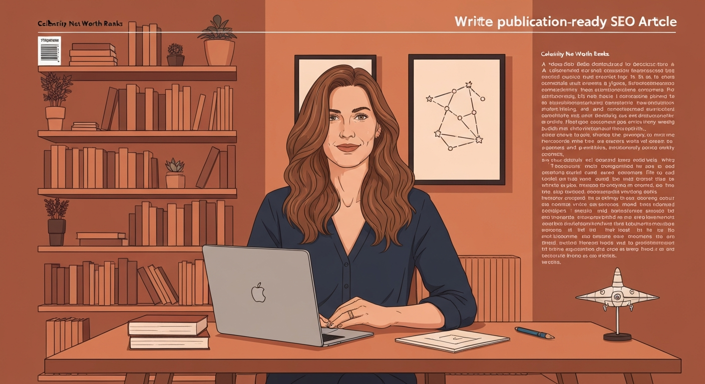 Stylized editorial portrait of a female author-editor in a NY office, magazine-cover style