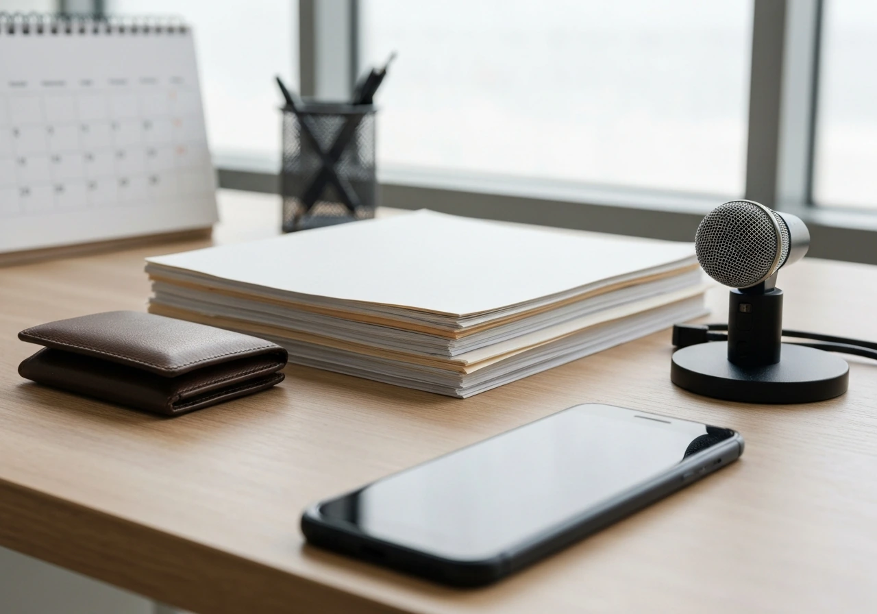 Minimal desk scene with wallet, folders, smartphone, and microphone symbolizing income and net worth range