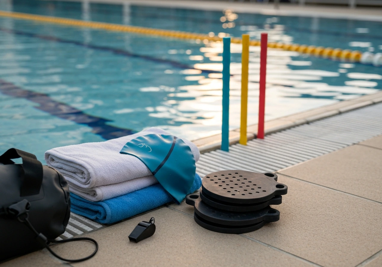 Poolside Paralympic swim training gear with a subtle tiered prize-style cue in the background