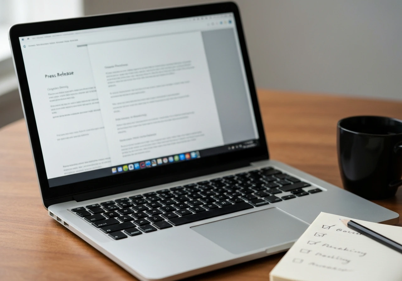 Close-up of a laptop showing blurred news press-release style snippets and a notepad with verification notes