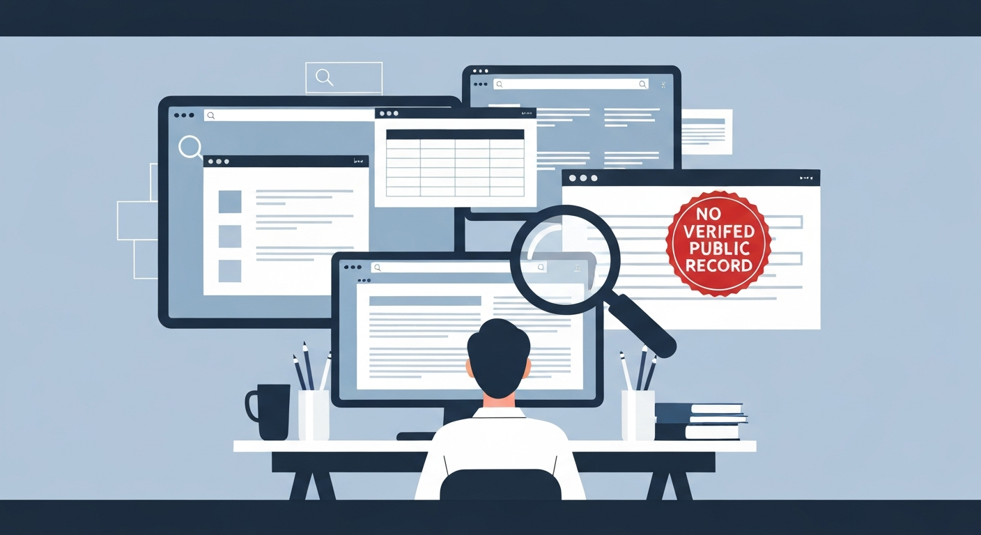 Illustration of a researcher reviewing search results on screens with a prominent 'No verified public record' badge.