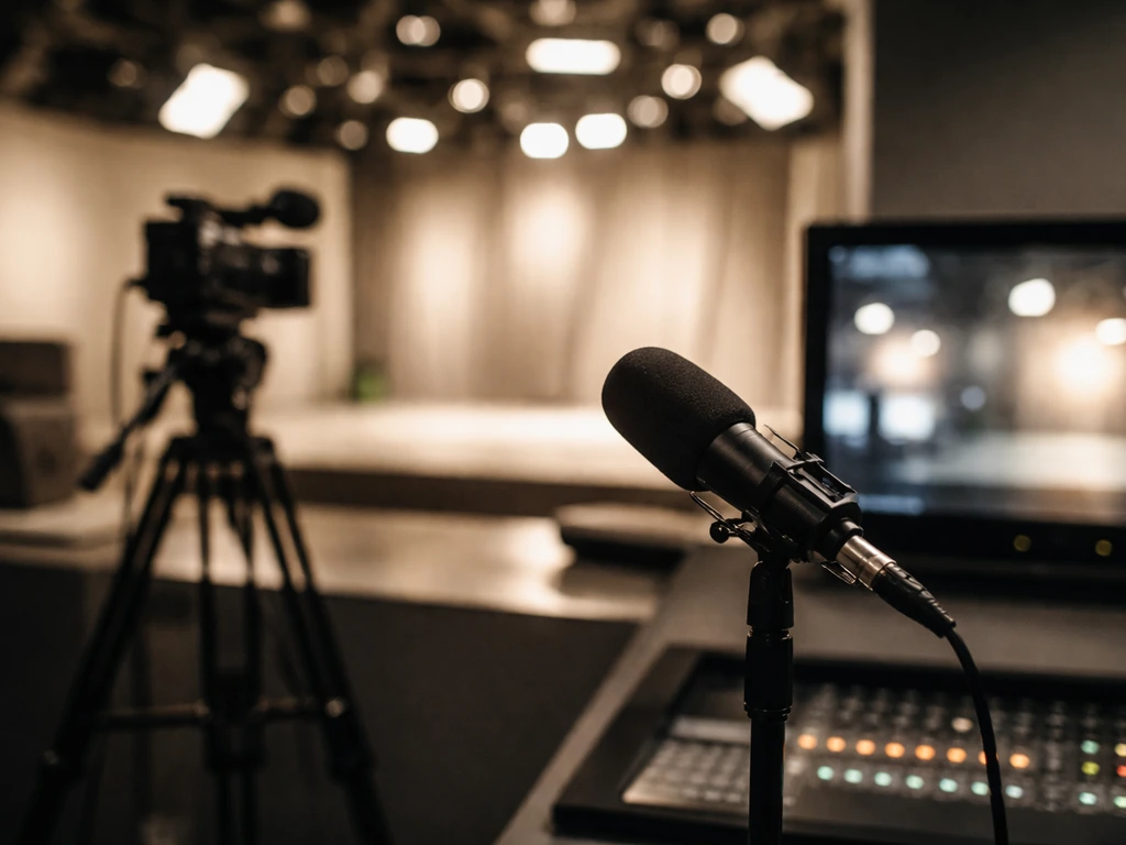 Minimal photo of a TV studio media setup with soft lighting, suggesting an actress’s on-screen career