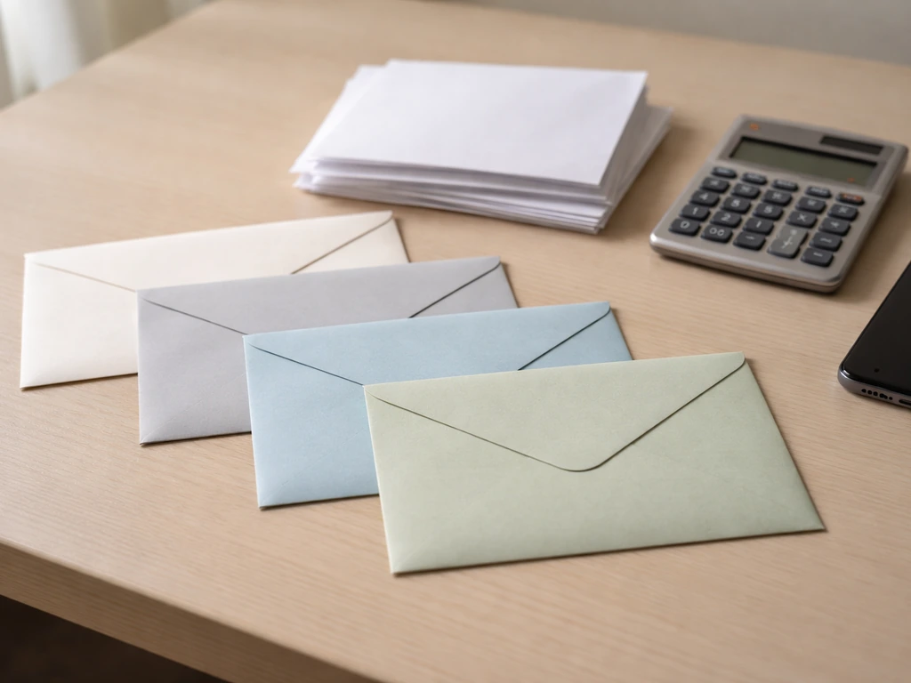 Minimal desk scene with colored blank envelopes and papers beside a calculator, suggesting income categories.
