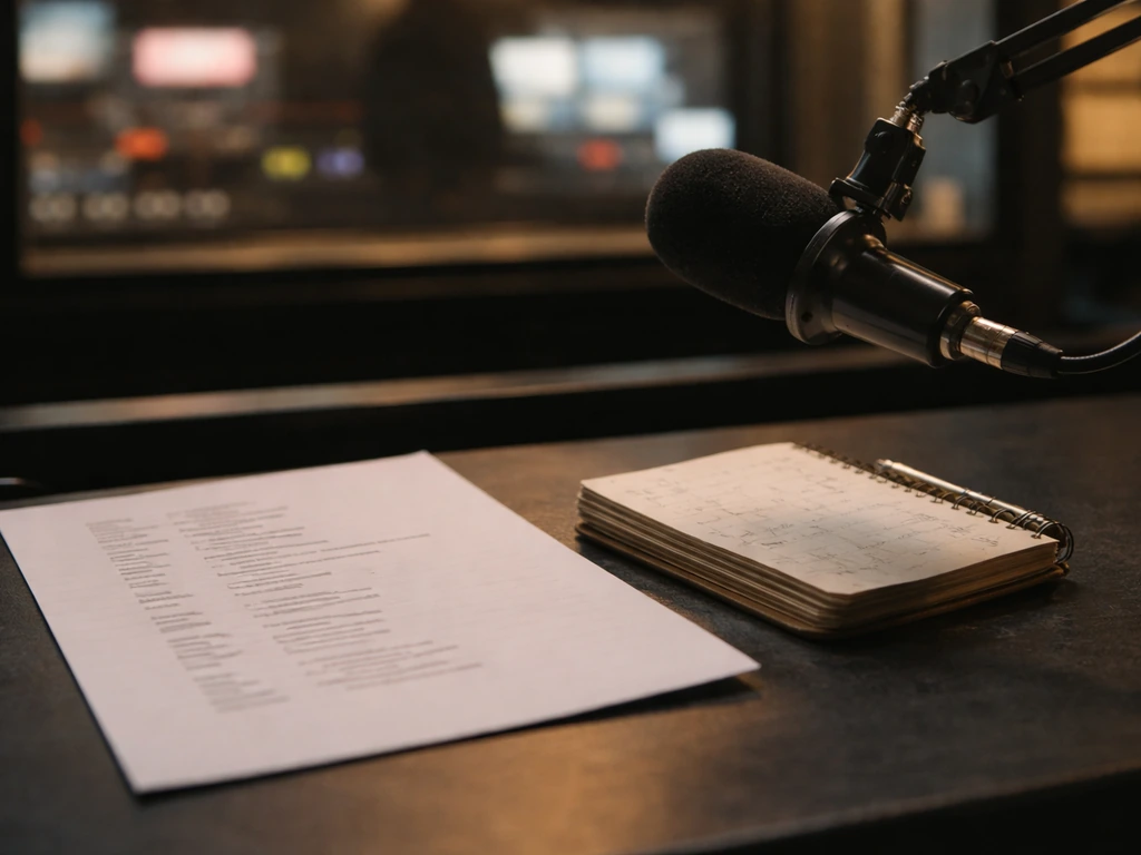 Close-up of a TV producer desk with a microphone and blank credits sheet background blur.