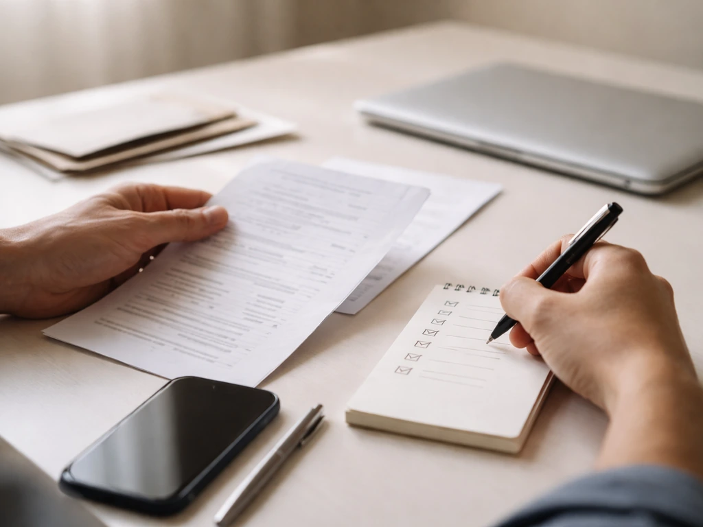 Minimal photo of a person reviewing financial documents with a checklist-style notepad and smartphone