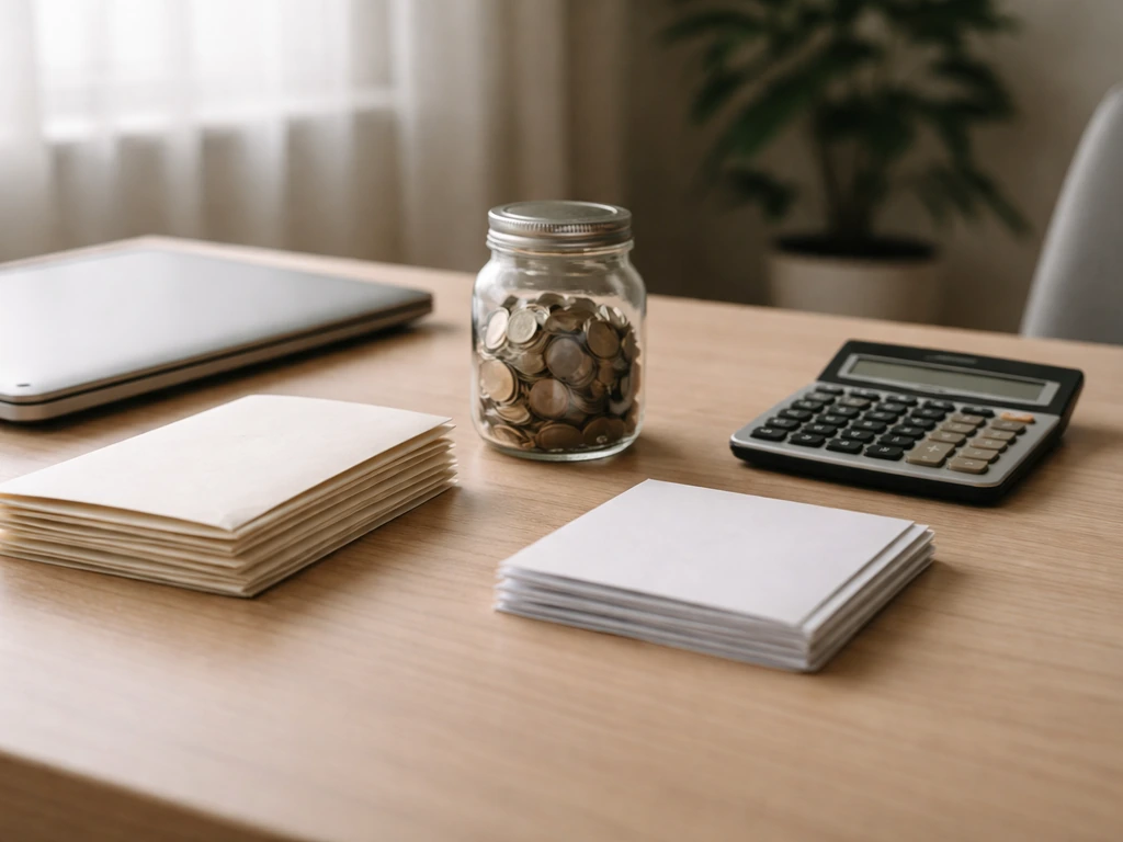 Minimal photo of an anonymous desk scene with money and accounting tools, symbolizing net worth calculation.