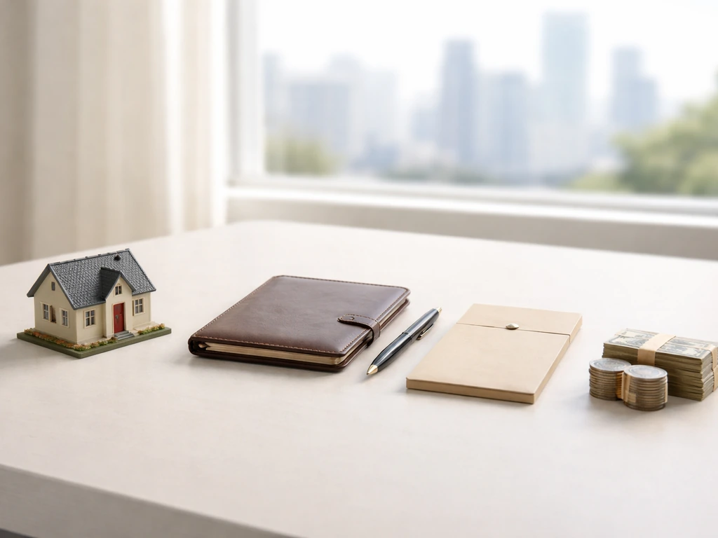 Minimal tabletop still life showing symbolic real estate, investments, retirement savings, and cash for net worth.