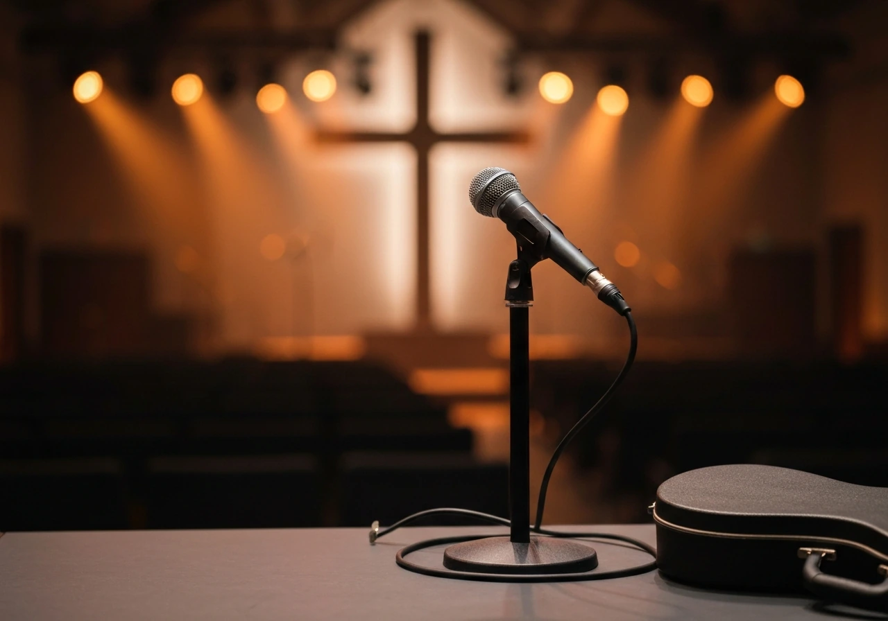 Close-up of a studio microphone with warm stage lights and a softly blurred church backdrop, symbolic of income analysis