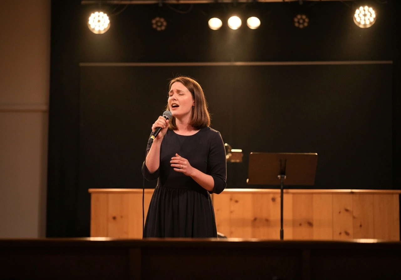 Woman worship singer holding a microphone on a small church stage during a live performance