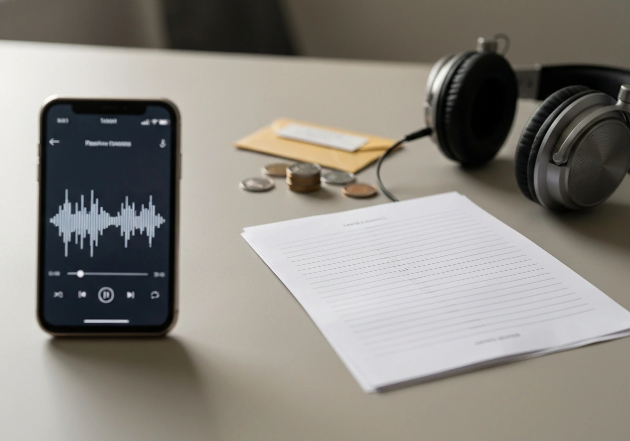 Minimal desk scene showing a music streaming interface on a device and printed lyric/song credit pages.