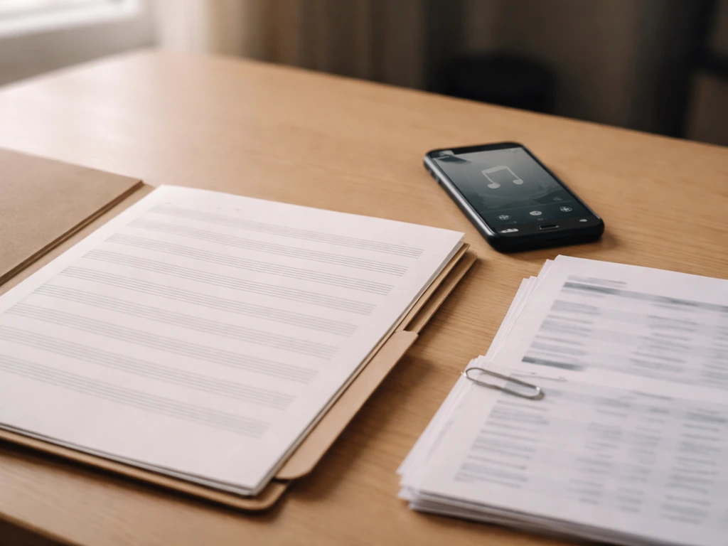 Minimal desk scene with obscured music/royalty paperwork and a generic smartphone music screen.