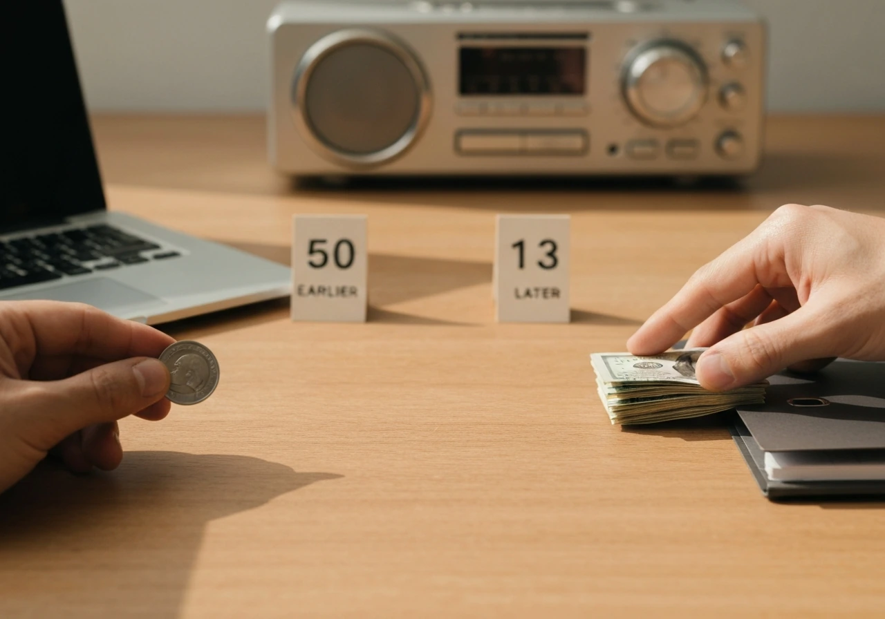 Minimal desk scene with media gear and coin, suggesting changing wealth estimates over time markers.
