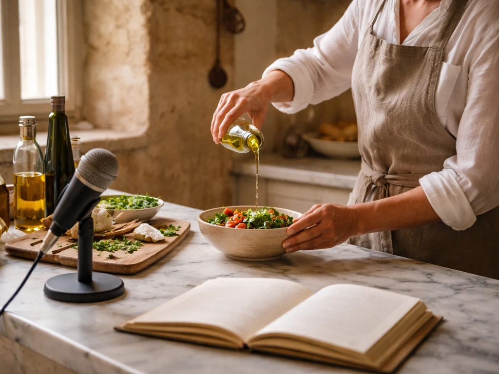 Anonymous culinary educator setup in a sunlit French kitchen with cookbook and a microphone-like prop