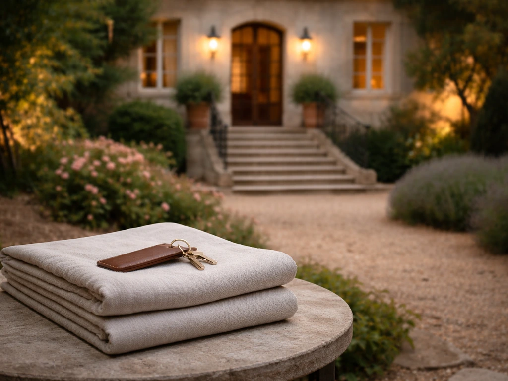 Luxury villa entrance in Grasse, France with hosting details suggesting vacation rental income.