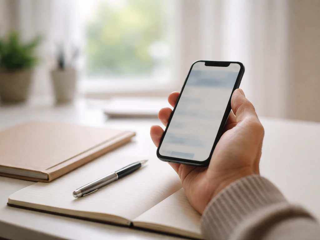 Hand holding a smartphone showing a blurred website while paper notes and a pen sit on a desk