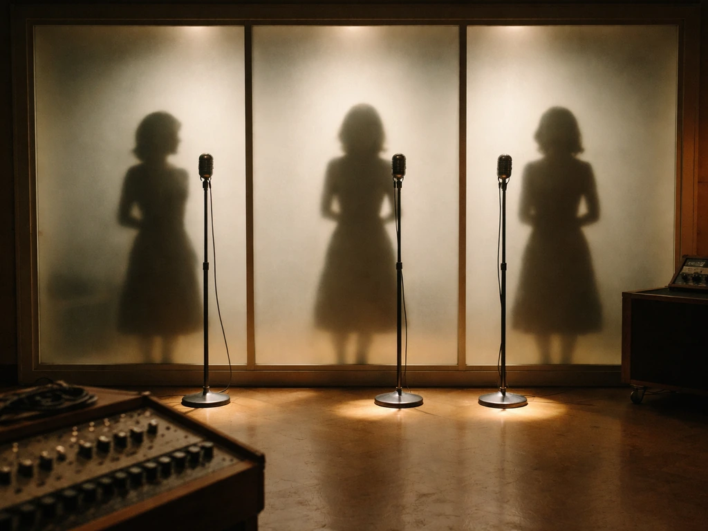 Minimal studio scene with three vintage-inspired figures implied by silhouettes and period props, symbolizing the McGuir