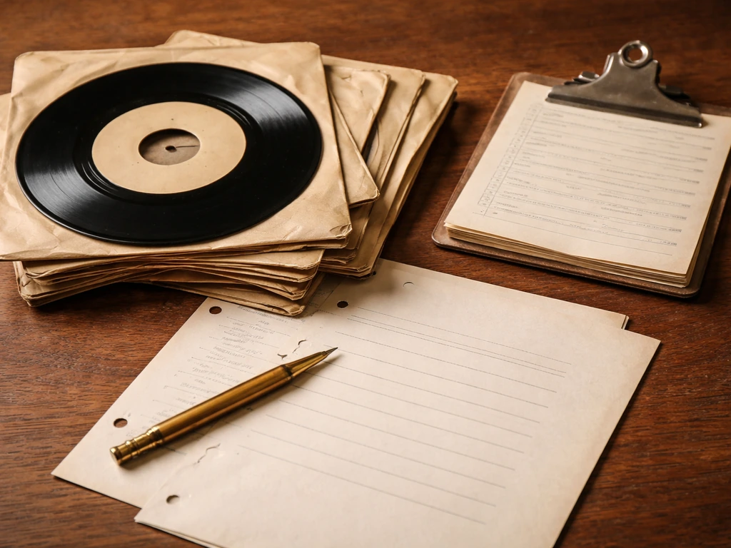 Close-up of vintage record label artifacts and a small stack of 45s suggesting early label income.