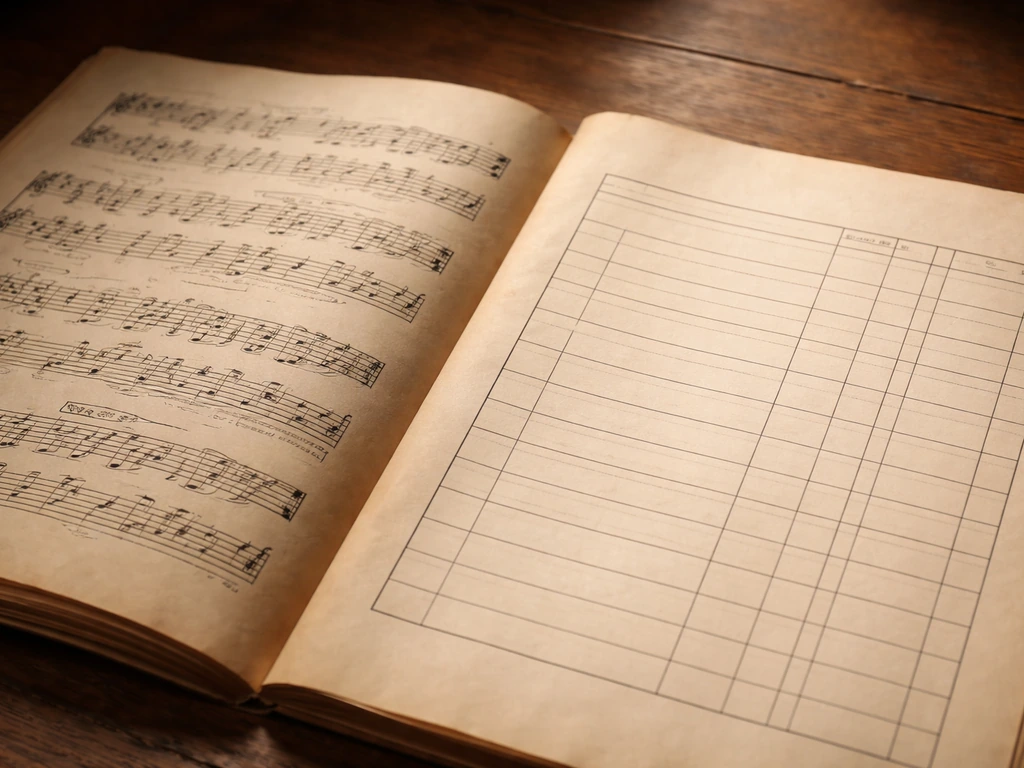 Vintage sheet music resting on a ledger-style royalty statement mockup
