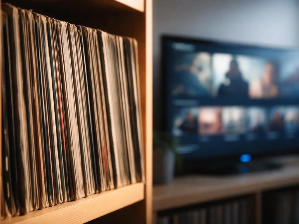 Close-up of vinyl records on a shelf beside a modern screen showing a streaming thumbnail, symbolizing ongoing catalog l