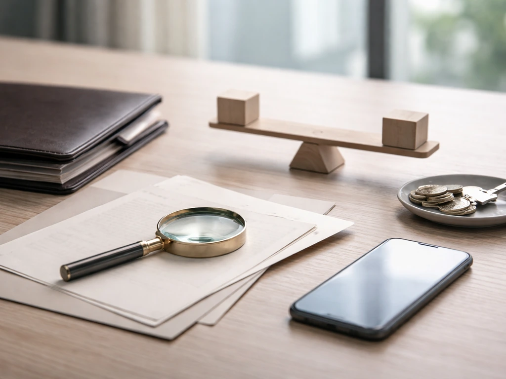 Minimal office desk with blank documents, magnifying glass, coins, and a simple confidence scale metaphor