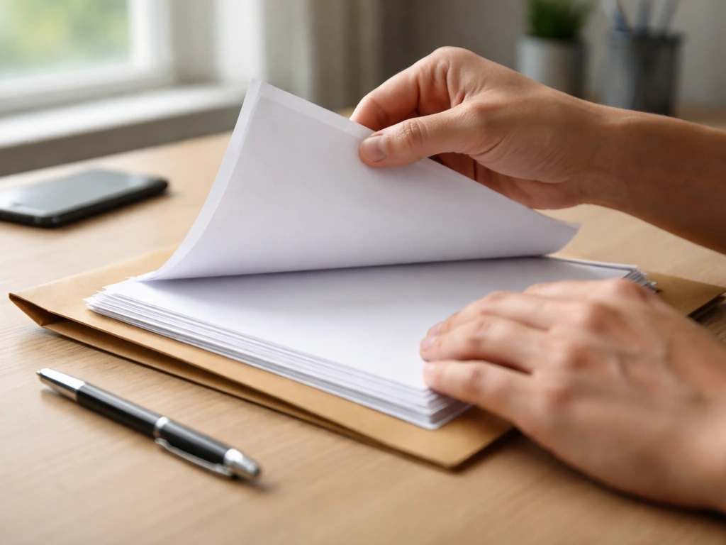 Close-up of hands sorting papers and a sealed folder beside a smartphone on a tidy desk, symbolizing evidence review