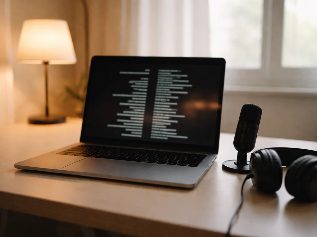 Laptop on a desk with blurred acting-credits page layout, headphones and microphone nearby.