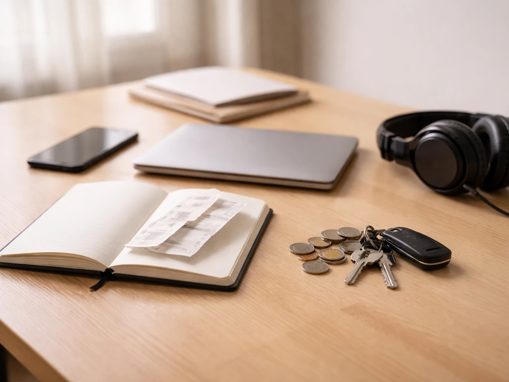 Minimal studio desk scene showing coins, keys, phone, laptop, and documents suggesting asset holdings.