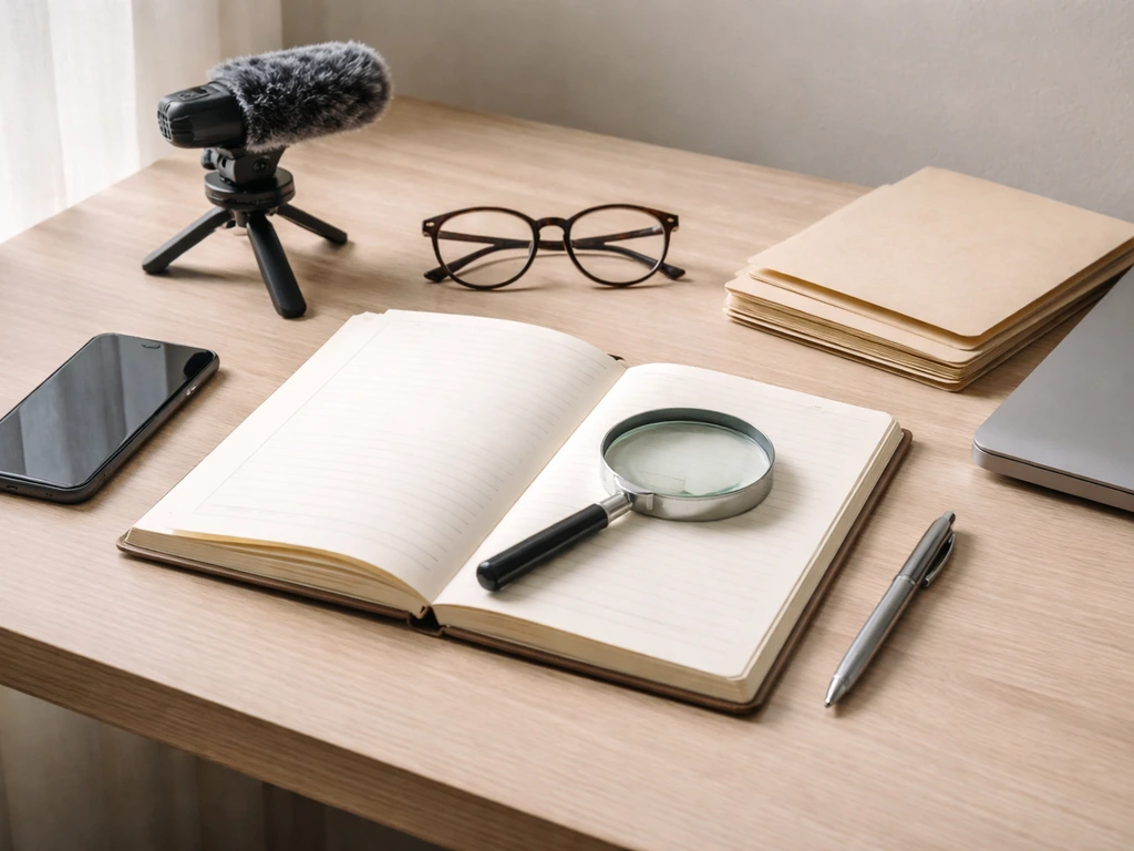 Minimal desk scene with smartphone, blank notebook, magnifying glass, and finance-research tools.
