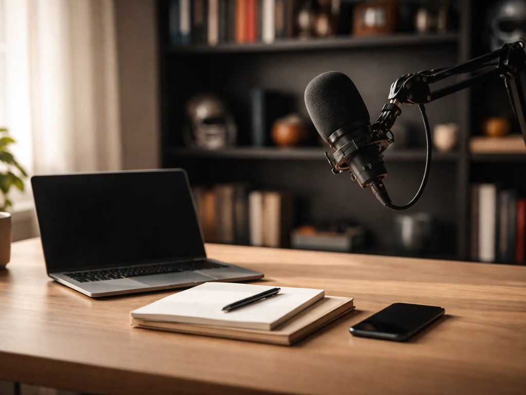Anonymous media podcast desk scene with microphone and laptop in warm studio lighting