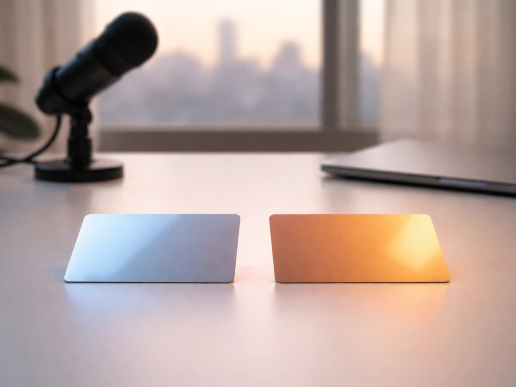 Minimal desk scene with two glossy cards side by side, symbolizing conflicting net worth estimates.