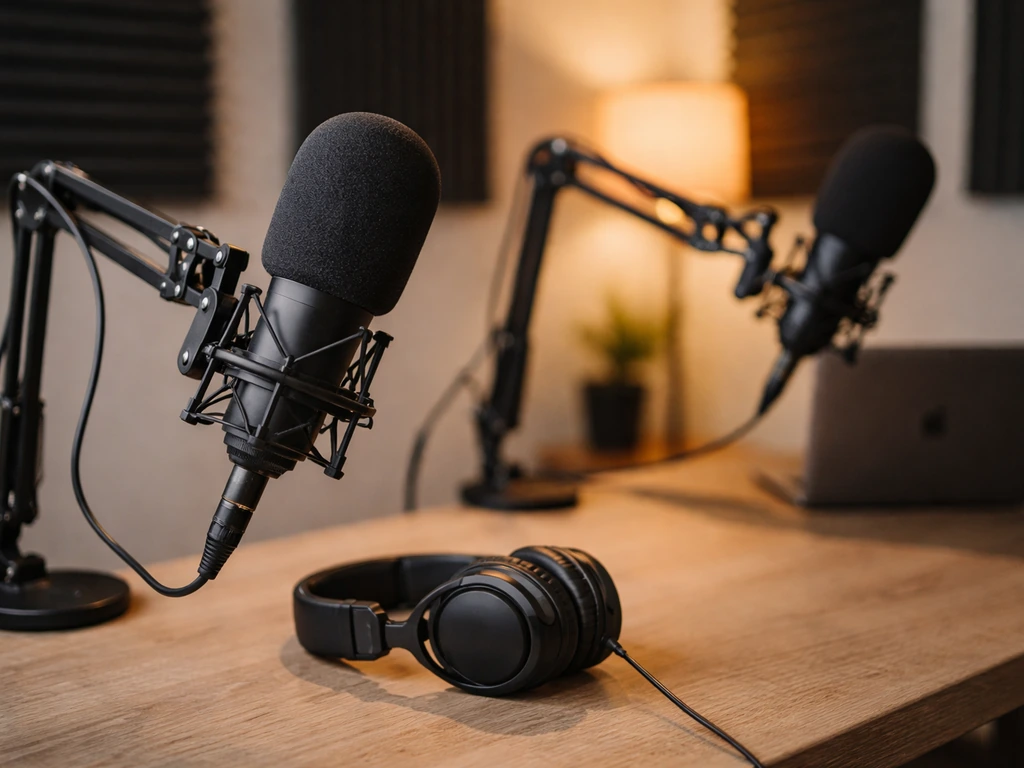 Podcast studio scene with two microphones on a desk, warm lighting, and a laptop out of focus.