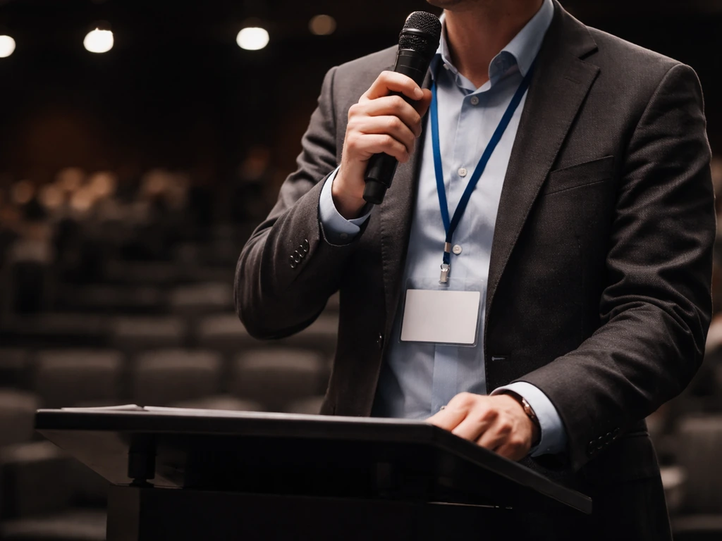 Anonymous speaker at a conference podium holding a microphone, softly lit stage background.