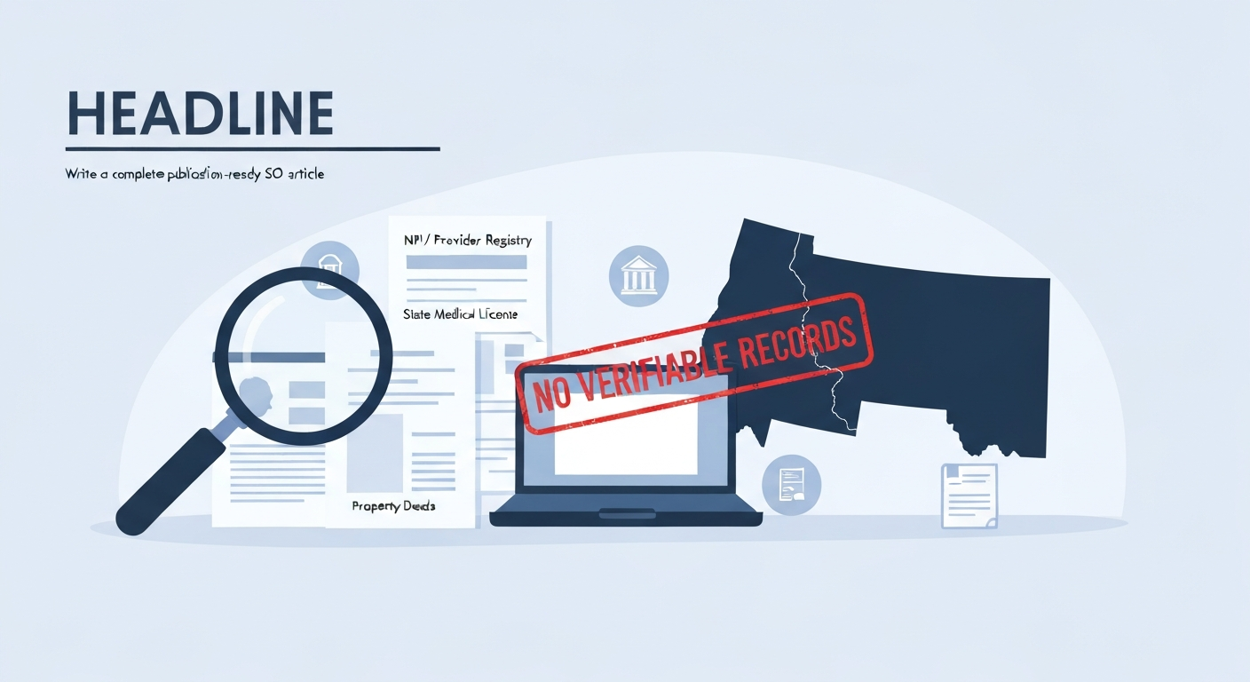 Vector illustration of a magnifying glass over medical and public-record documents next to a Montana map silhouette and a red 'No Verifiable Records' stamp, representing inability to confirm the subject's identity in public databases.