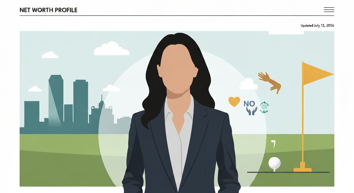Editorial illustration: non-photorealistic silhouette of a professional woman with a stylized Dallas skyline, subtle golf icons, and nonprofit symbols; headline area reads 'Net Worth Profile' (Updated July 12, 2026).