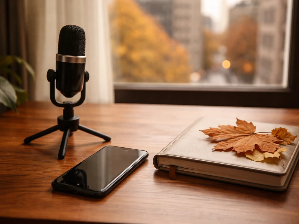 Minimal desk scene with autumn-themed lighting, media gear, and a subtle sense of wealth analysis