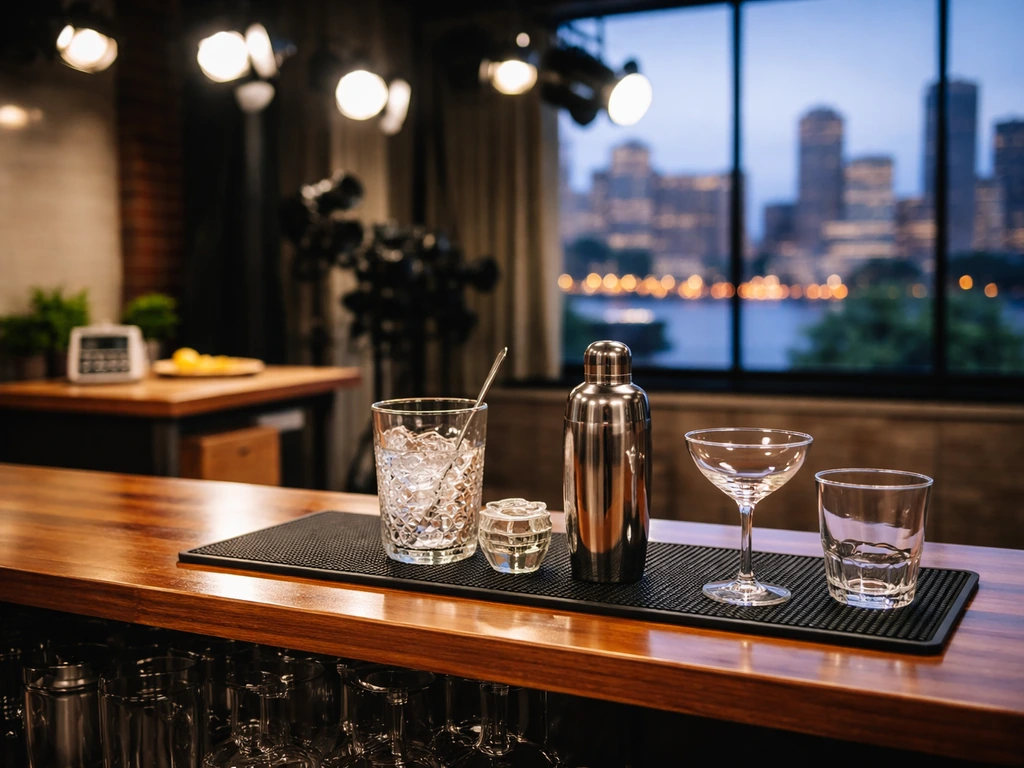 Empty bartender bar with a digital kitchen timer, studio-style lights, and a Boston skyline backdrop