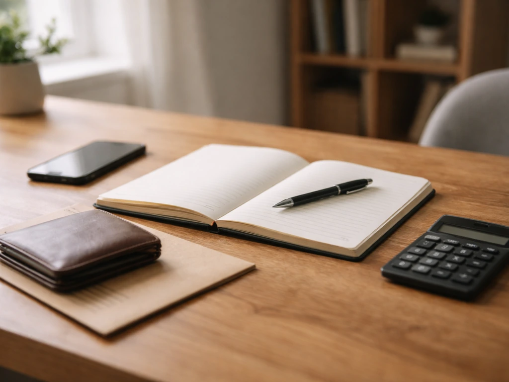 Minimal desk scene with notebook, pen, calculator, and money-related items symbolizing net worth estimation