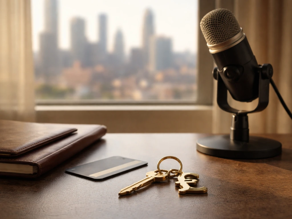 Close-up desk scene with studio microphone and luxury items near a window skyline, symbolizing income analysis