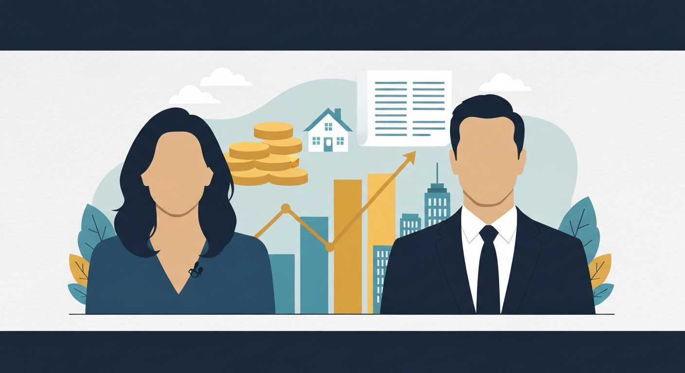 Stylized editorial illustration of a female TV host and male journalist silhouettes with financial charts and house icons behind them, suggesting household wealth and real estate.