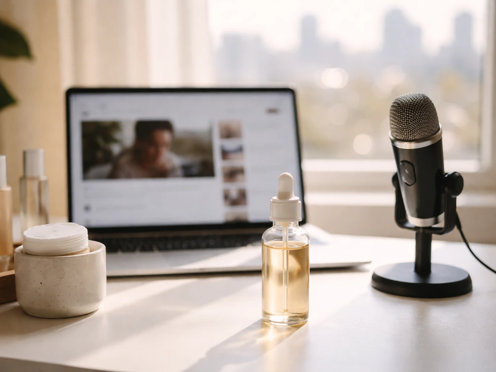 Skincare bottle and creator podcast microphone on a tidy desk with laptop blurred in natural light