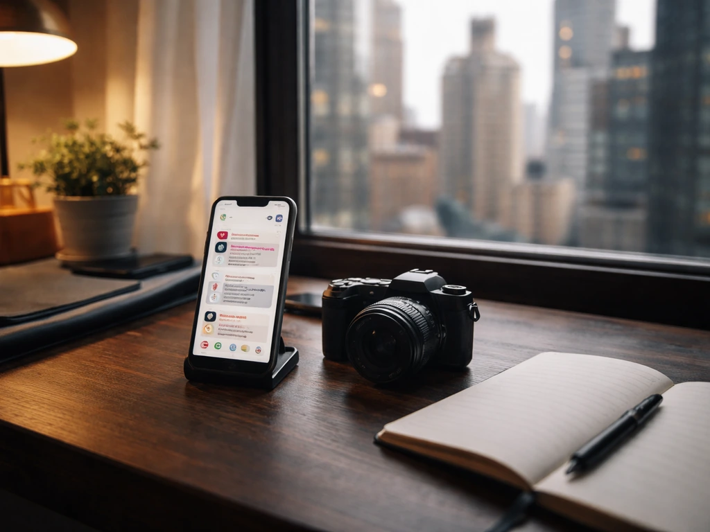 Minimal NYC desk scene with a smartphone showing social media-style apps, suggesting a creator’s net-worth curiosity.