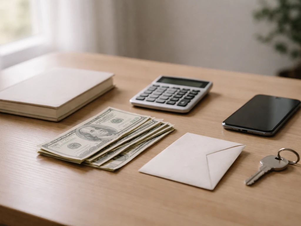 Minimal photo of a creator-style desk with cash, investment documents, and a calculator—symbolizing net worth math.